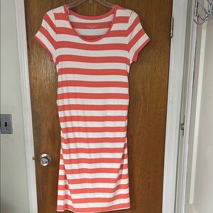 Maternity Coral and White Striped Midi Dress